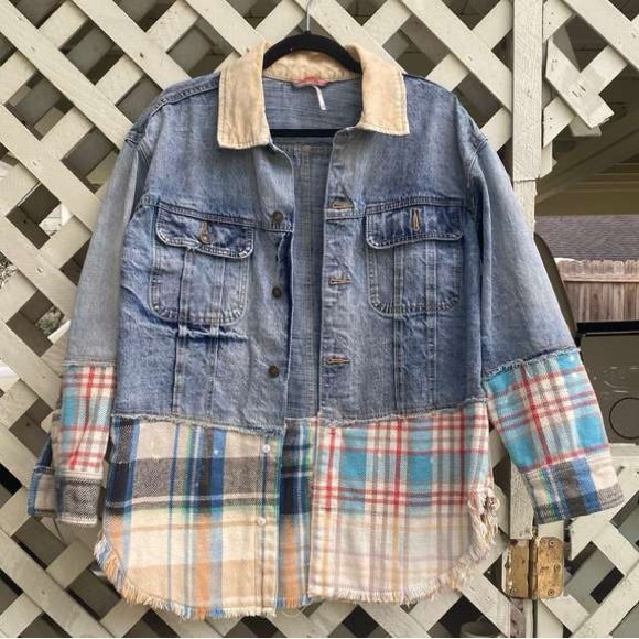 FREE PEOPLE women’s Distressed Sirius Denim Jean Plaid Contrast Shirt Jacket - Picture 8 of 15